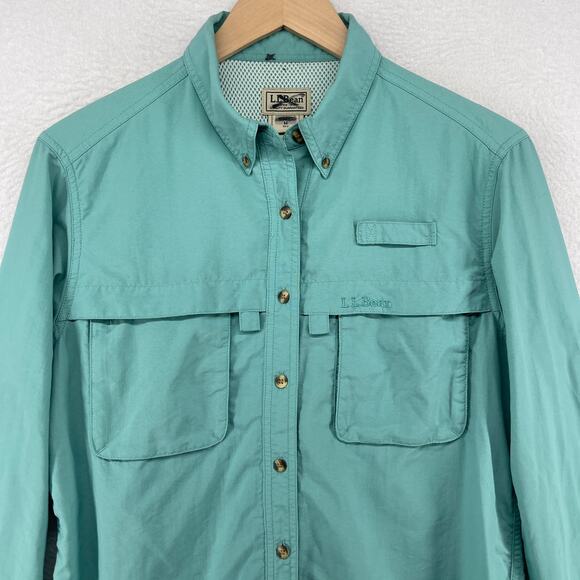 LL BEAN Shirt Womens M Vented Camp Fishing Roll Tab Sleeve Hunting Mesh Green - Picture 4 of 13